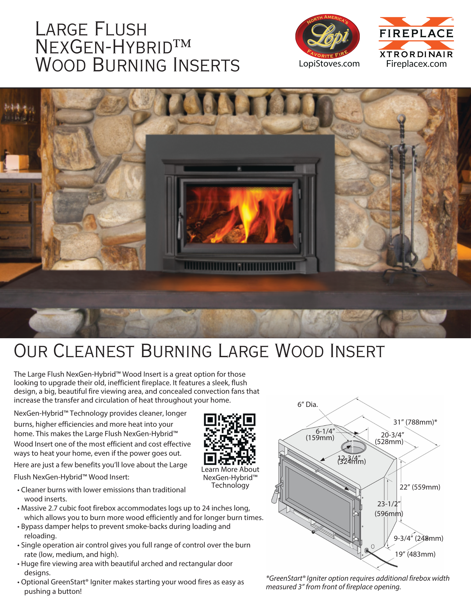 Lopi Large Flush insert in a rock wall with description of it down below