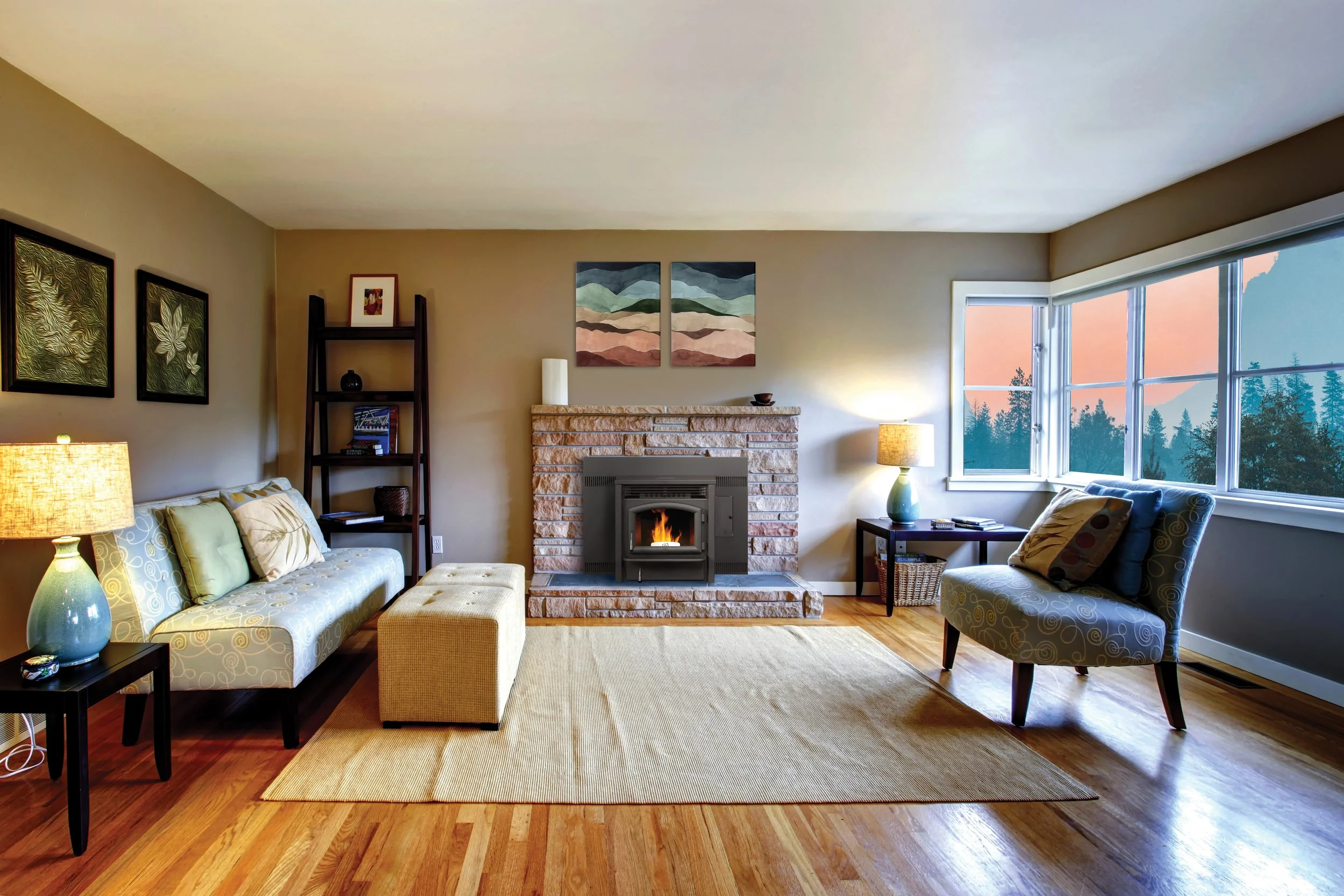 pellet insert with rock surround in a living room