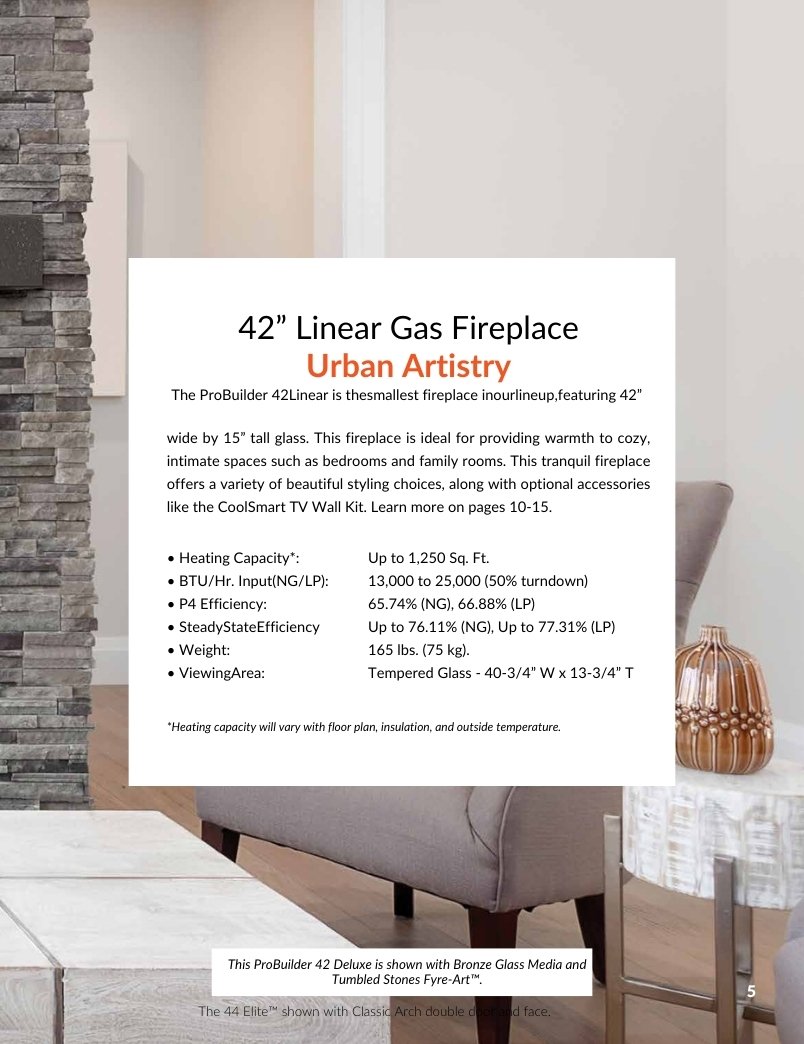 specifications for the FPX 42 linear gas fireplace