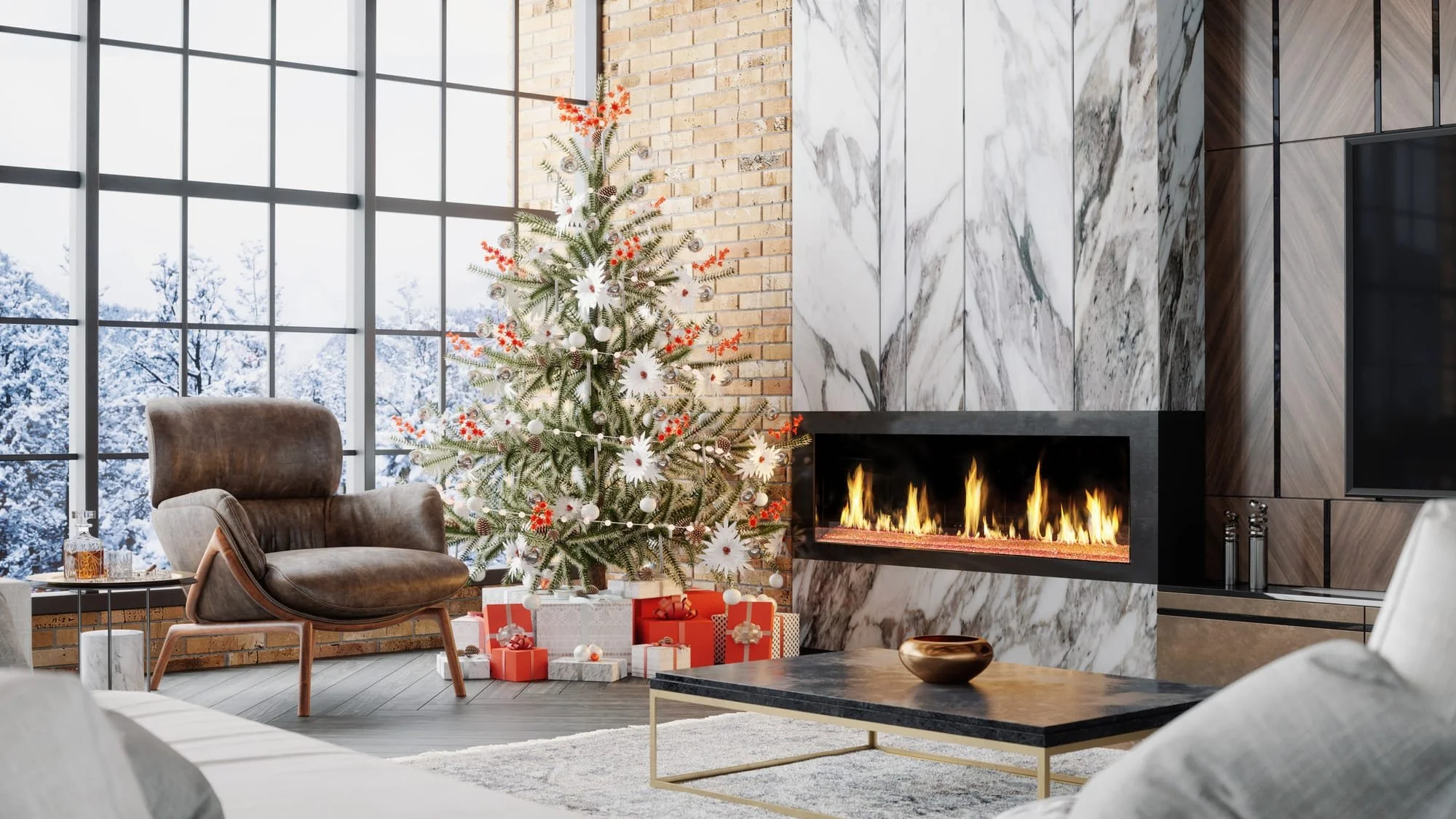 DaVinci 60 x 20 inch single-sided gas fireplace in a white marble wall