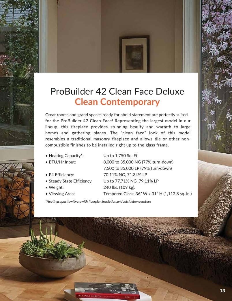 specifications for probuilder 42 clean face gas fireplace