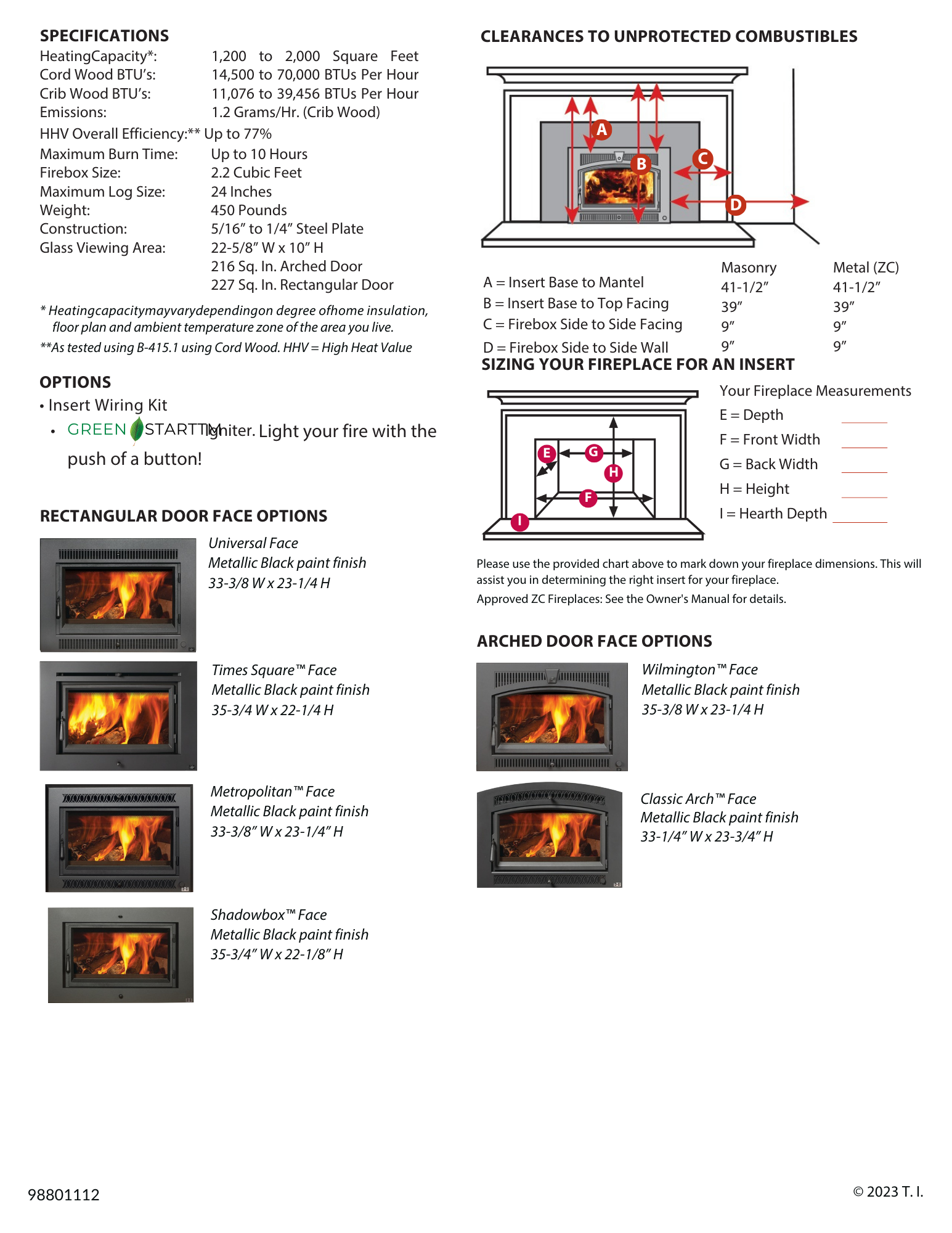 Lopi Medium Flush wood insert specifications including heating capacity, BTU output, efficiency ratings, and minimum fireplace dimensions