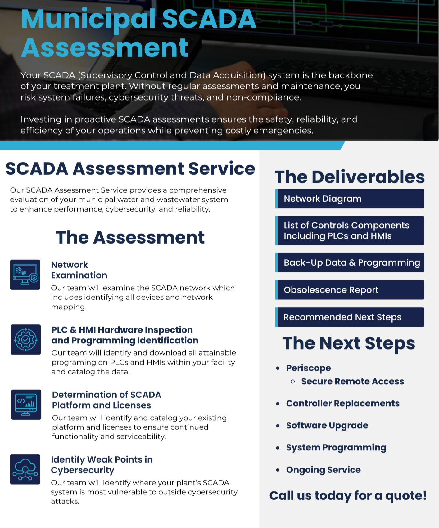 A flyer for a municipal SCADA assessment service with sections detailing the assessment process, deliverables, next steps, and contact information. The flyer features a dark background with light blue and white text, and icons for each assessment step.