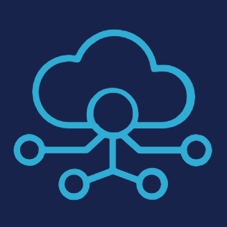 Icon of a cloud with connected circles representing cloud computing or network connections, on a dark blue background.