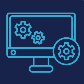 Computer monitor with gear icons and a gear symbol indicating settings or system configuration.
