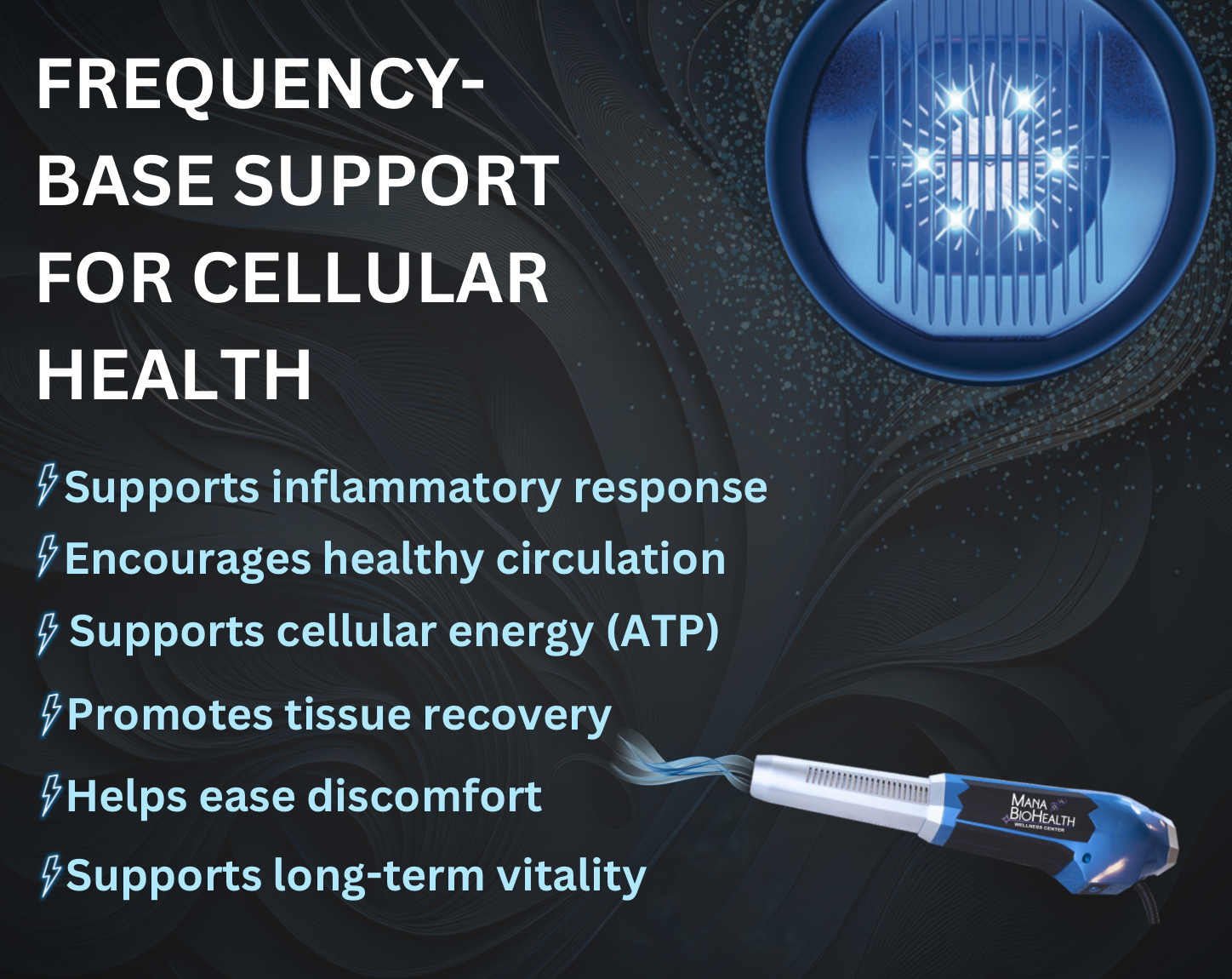 Digital graphic showing a blue and white device emitting energy, with text highlighting health benefits such as reducing inflammation, promoting circulation, and supporting cellular energy.
