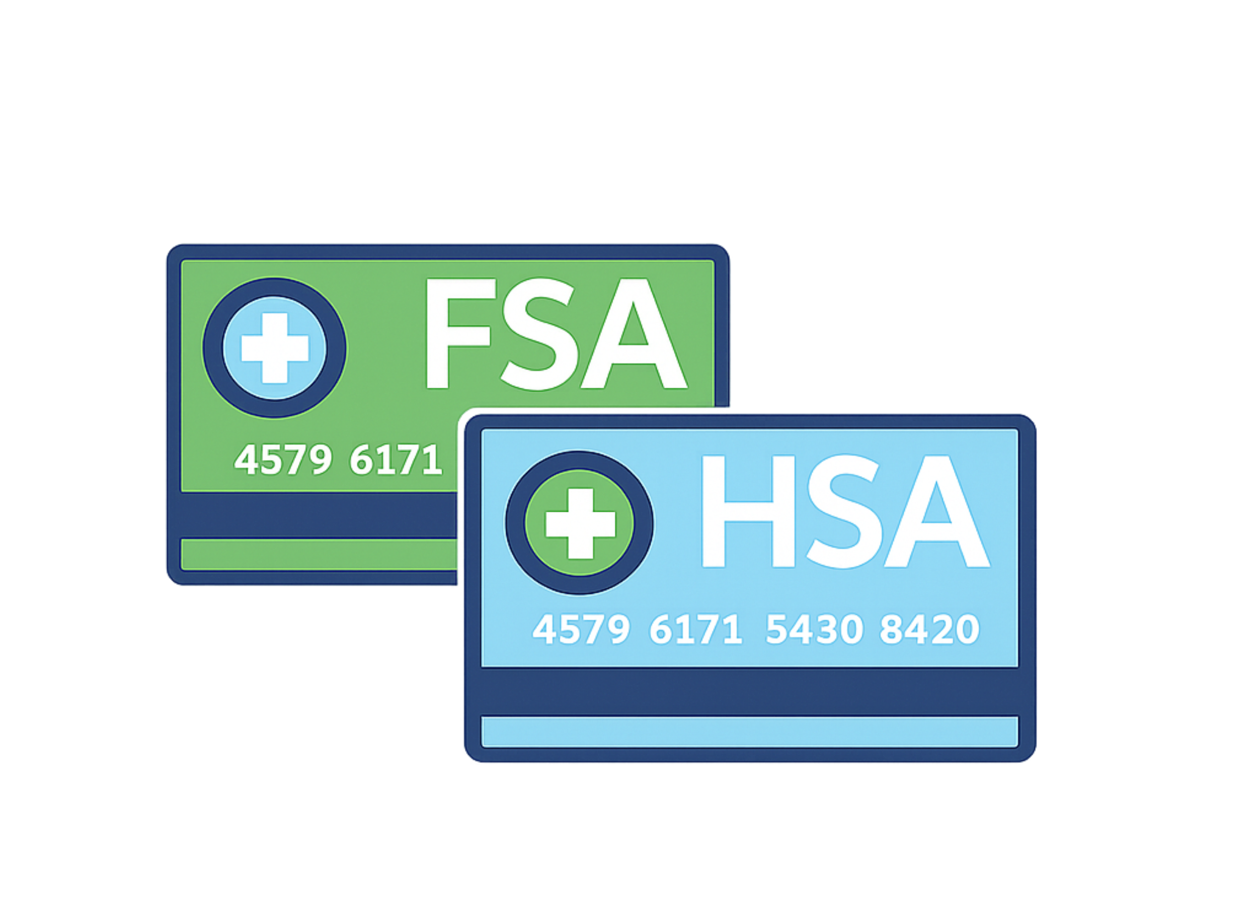 Illustration of two health insurance cards, one green with 'FSA' and one blue with 'HSA', each with a medical cross symbol and respective card numbers.