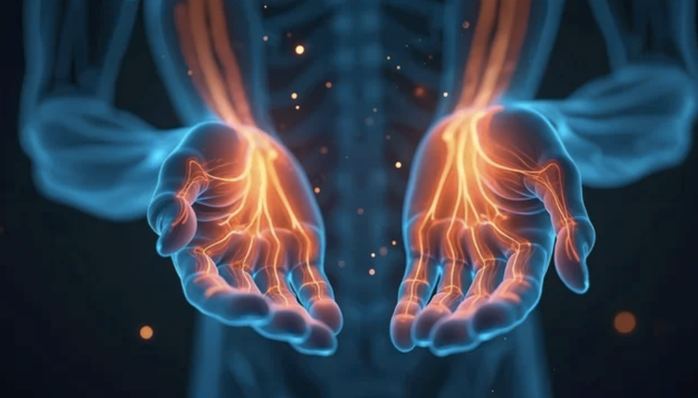 Digital illustration of human hands with highlighted nerves, emanating from a person's back, glowing in orange and blue hues.
