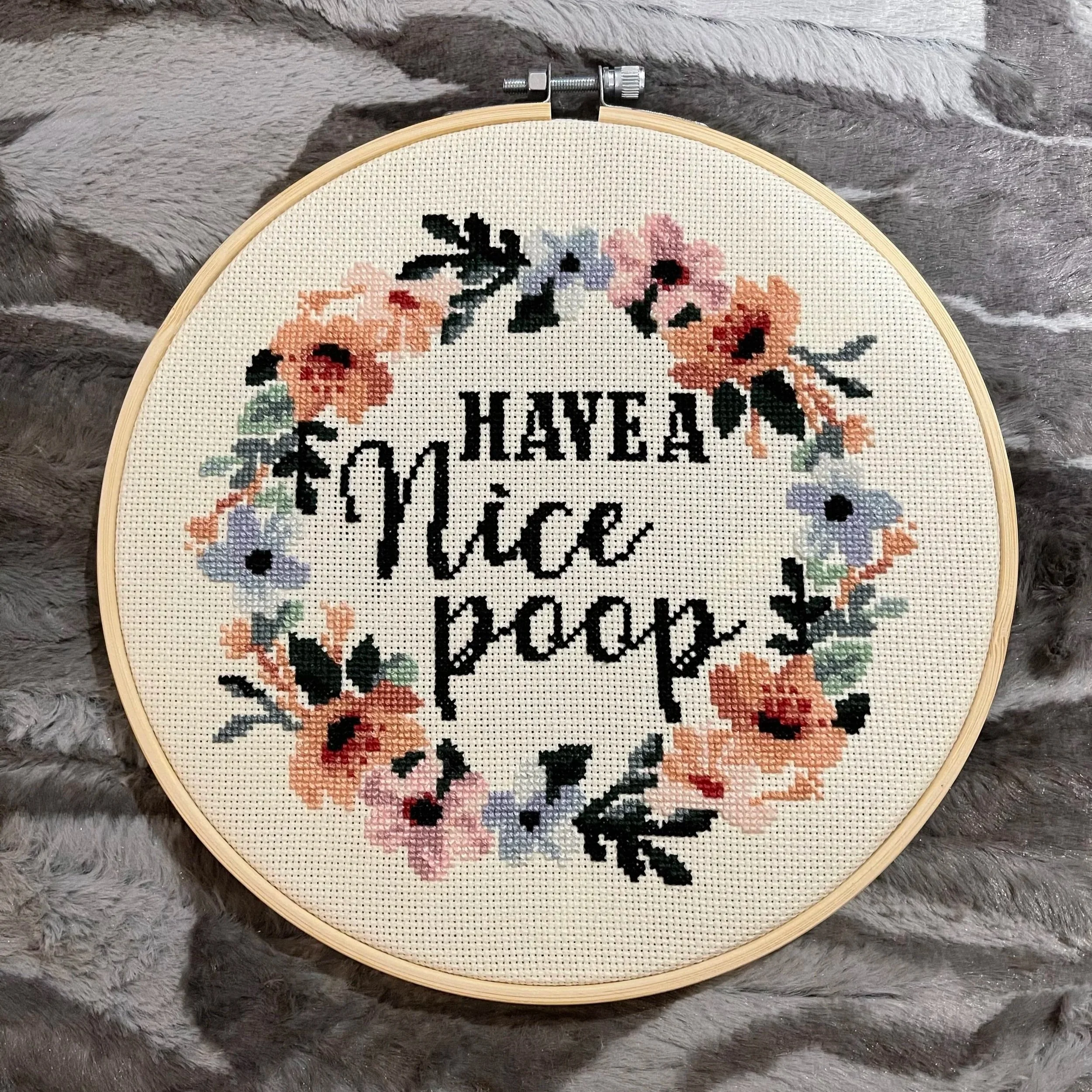 My first cross stitch! Requested by my husband and now proudly displayed in the bathroom