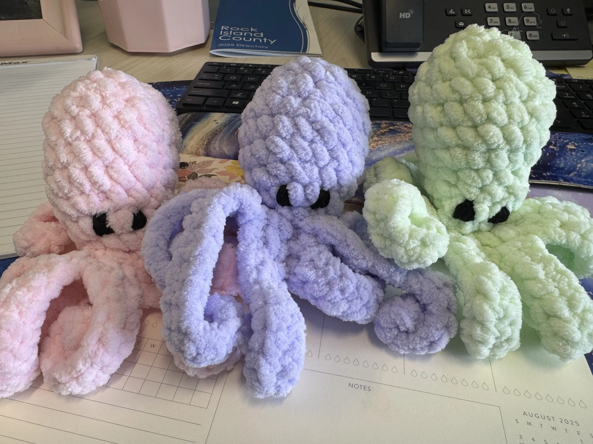 Crocheted catnip-filled cat toys for a coworker