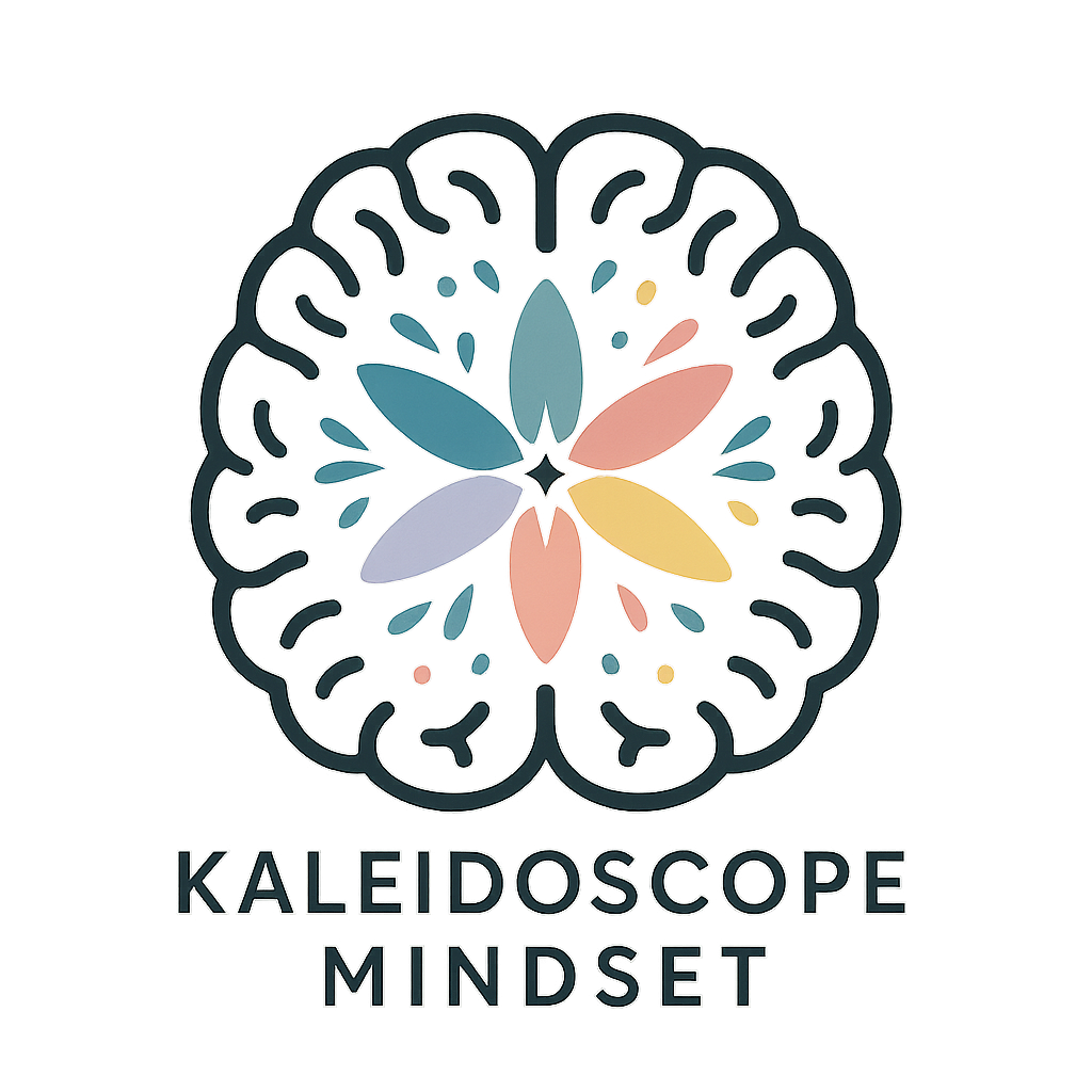 A colorful, stylized illustration of a human brain with a mandala-like pattern inside. Beneath the brain, the text reads "KALEIDOSCOPE MINDSET."