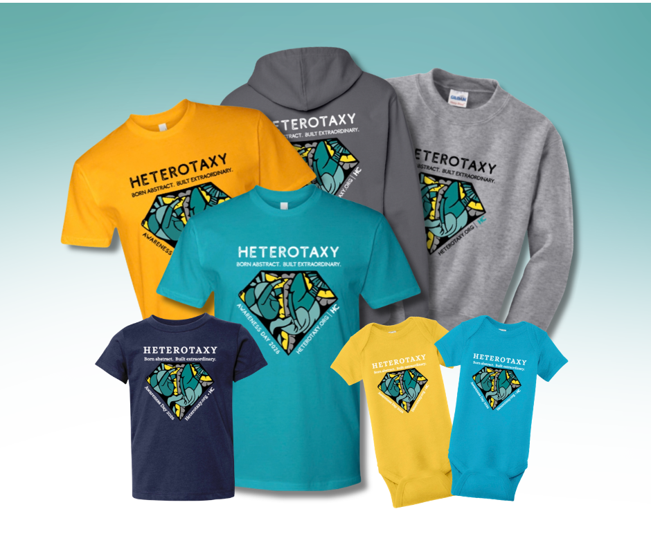 Tee shirts and sweatshirts with the 2026 Heterotaxy Awareness Day Logo printed on them.