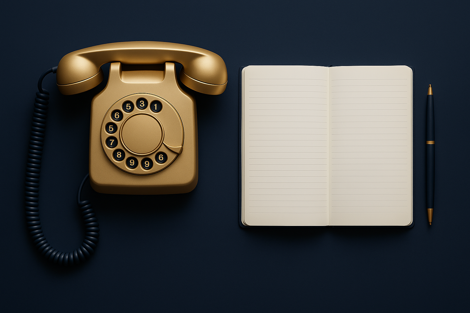 Vintage beige rotary telephone, lined notebook, and black pen with gold accents on dark background.