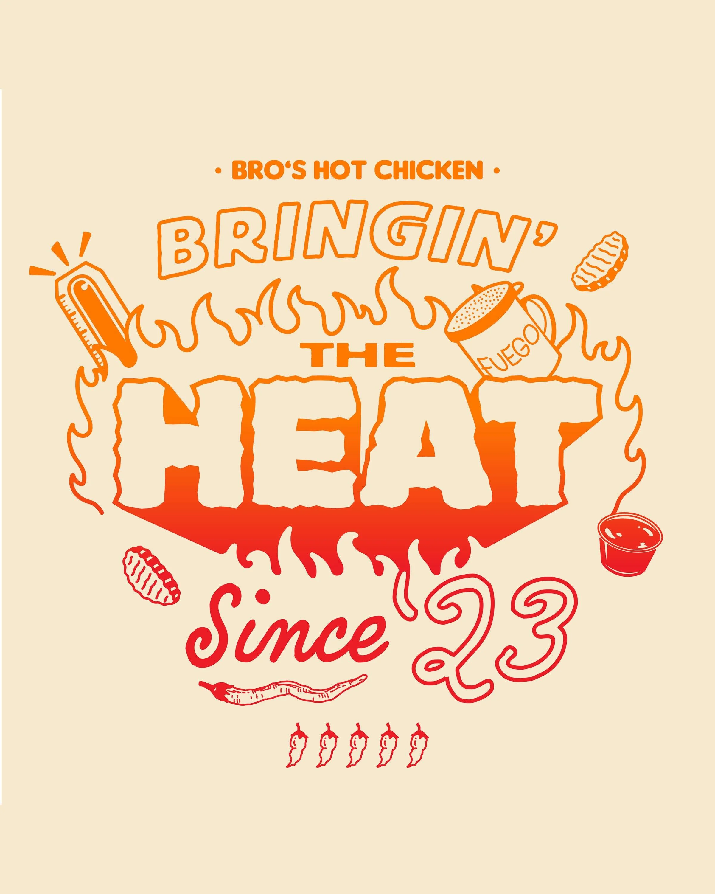 New design I made for the @broshotchicken staff! I vectorized their logo for a front print and designed the back with custom illustrations I made. 🔥🌶️ loving the gradient and solid color version of This design 🤩 
#art #illustrations #photoshop