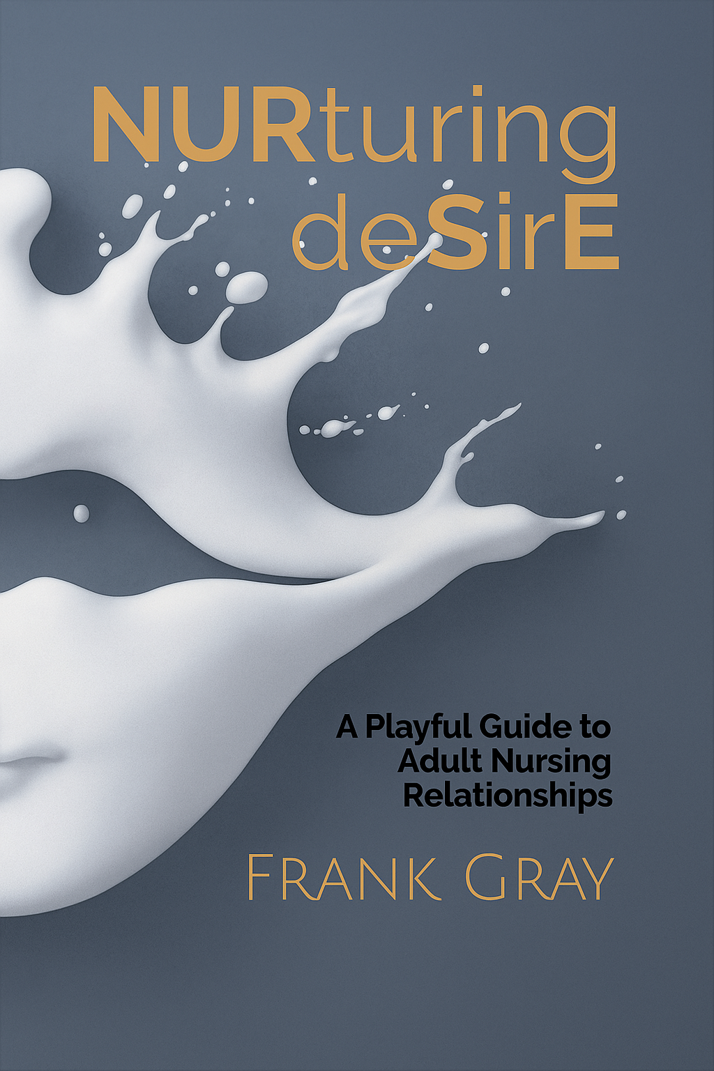 Book cover titled 'NURturing deSirE' with a splash of white liquid on a gray background. Subtitle reads 'A Playful Guide to Adult Nursing Relationships,' by Frank Gray.