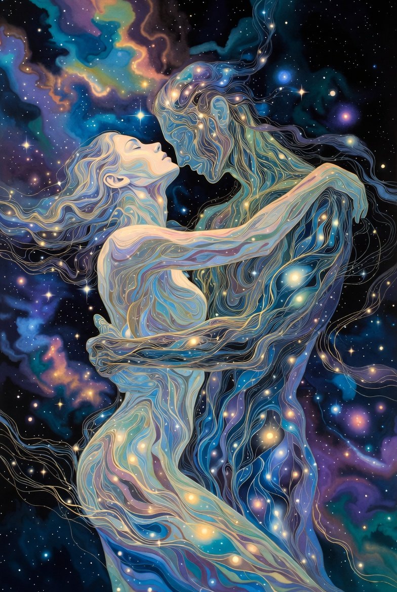 Abstract cosmic figures embracing showing asymmetry and balance in adult nursing relationships with flowing connection despite different desires