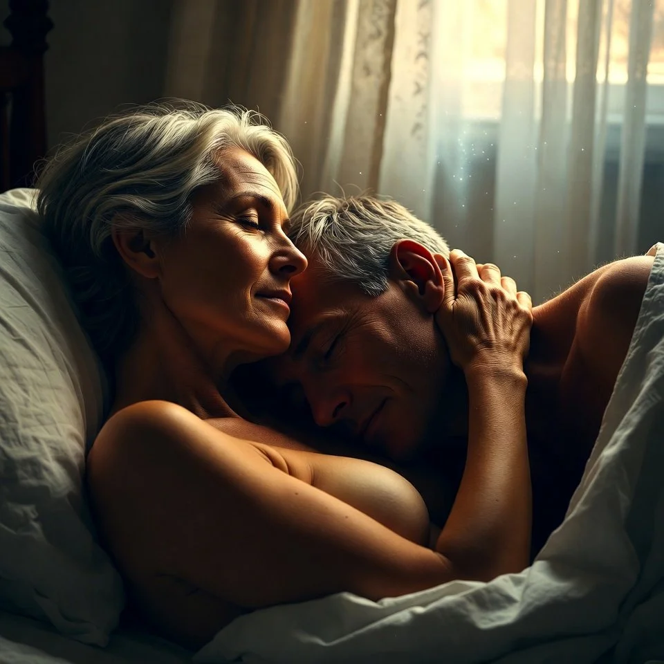 Mature couple in intimate embrace showing adult nursing relationship and sustained intimacy after decades together