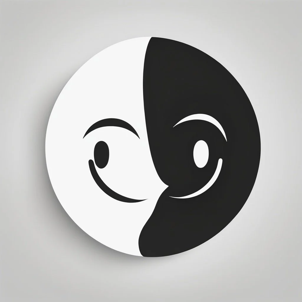 A circular artwork with a yin-yang design featuring a smiling cartoon face split into black and white halves.