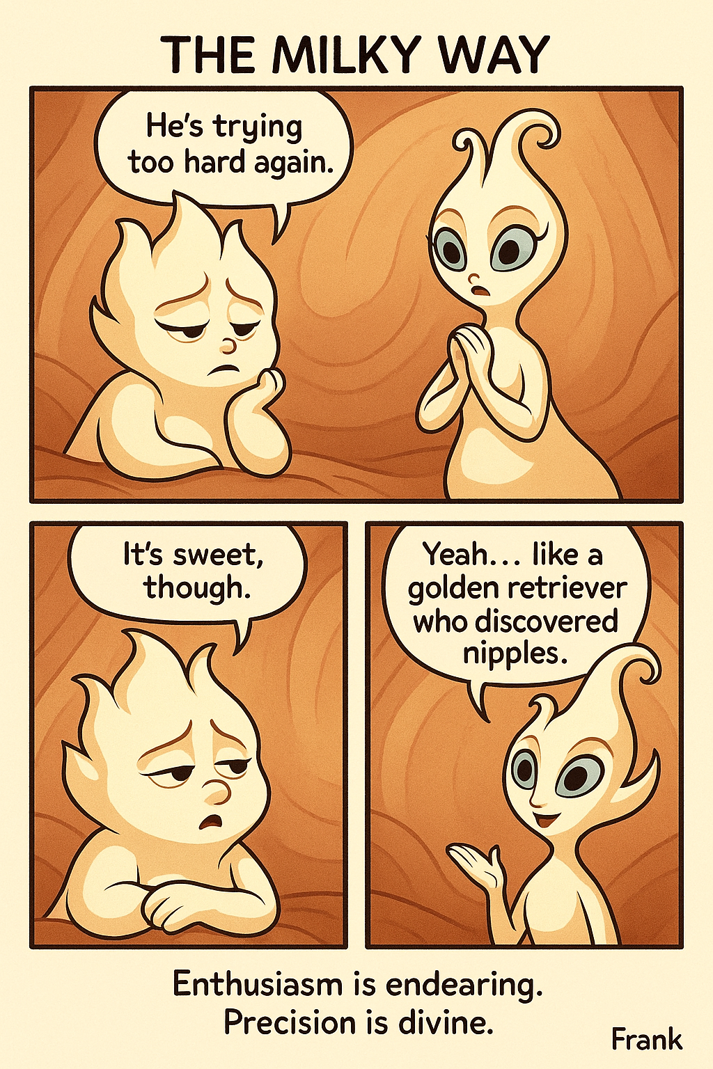 The Milky Way comic showing Bibi milk spirits observing overeager latch attempt during adult nursing with humor about enthusiasm and technique