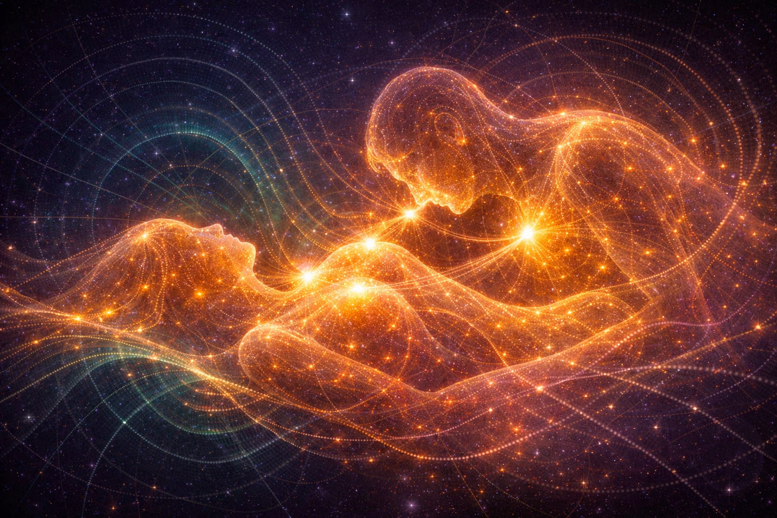 Two density fields showing oxytocin and nervous system resonance during adult nursing, rendered as luminous wave patterns