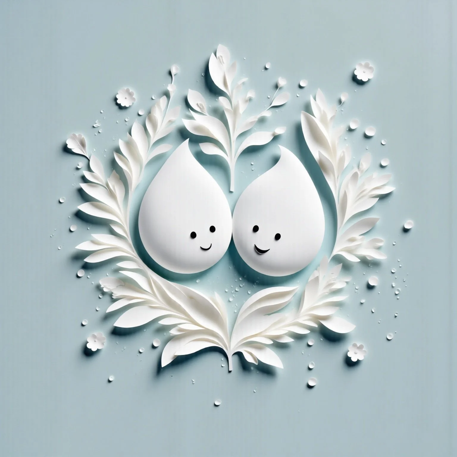 Paper art of two water droplets with smiling faces, surrounded by white leaves and small flowers on a light blue background.