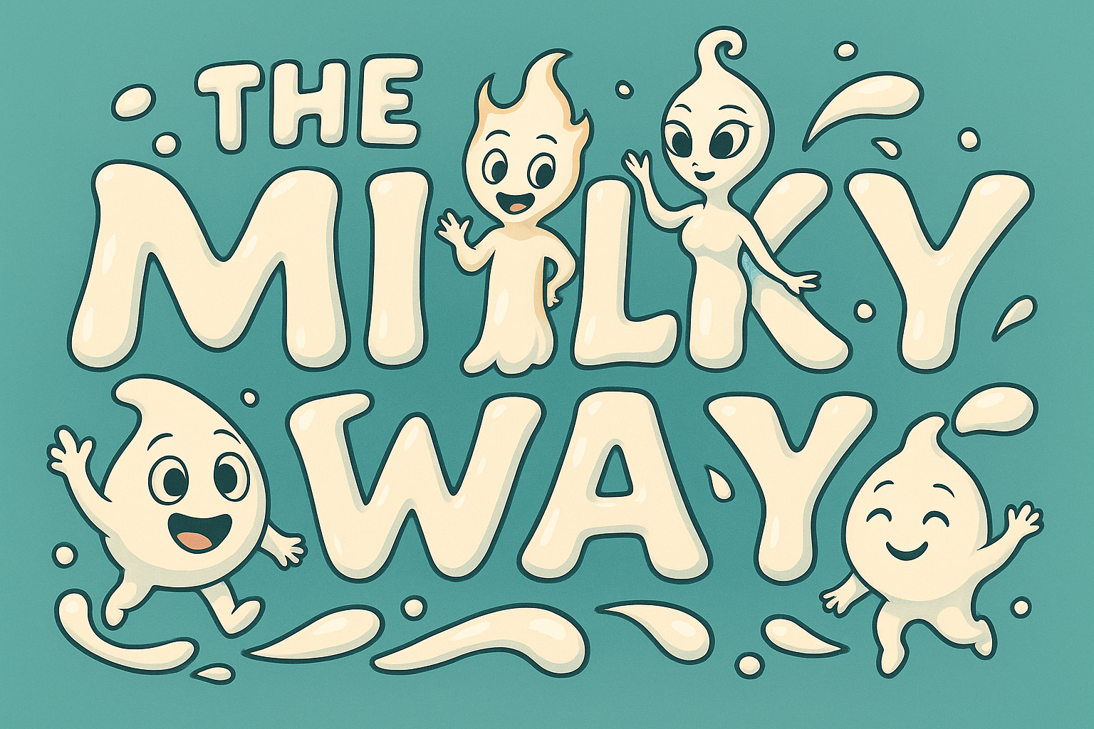 Cartoon drawing of milk characters with cheerful faces surrounding the words 'The Milky Way' on a teal background.