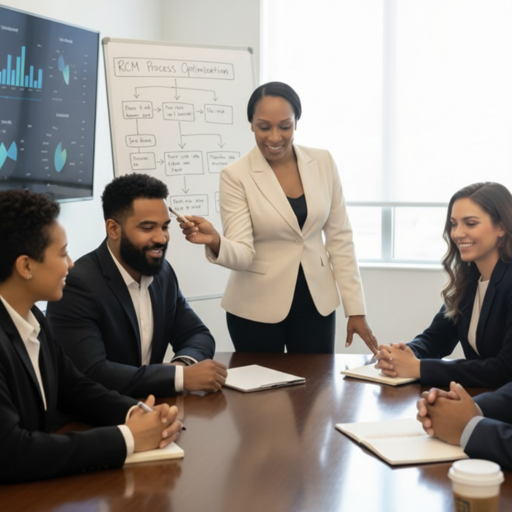 A diverse group of four professionals in business attire are having a meeting around a table. A woman standing and smiling is pointing at the seated participants. Behind her, a whiteboard displays a flowchart labeled 'RCM Process Optimization,' and a screen shows data visualizations.
