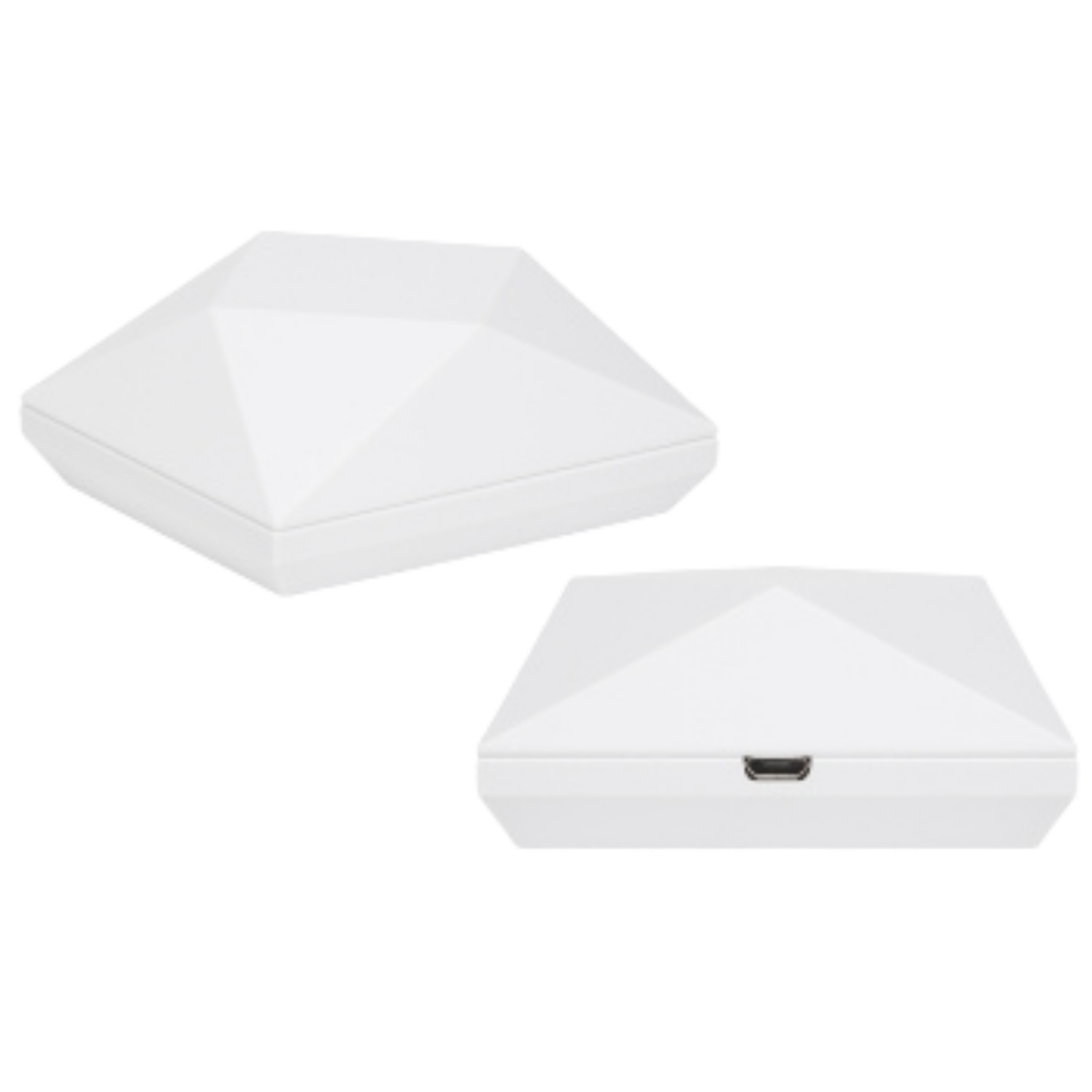 White electronic device with a geometric, faceted design, shown from different angles.