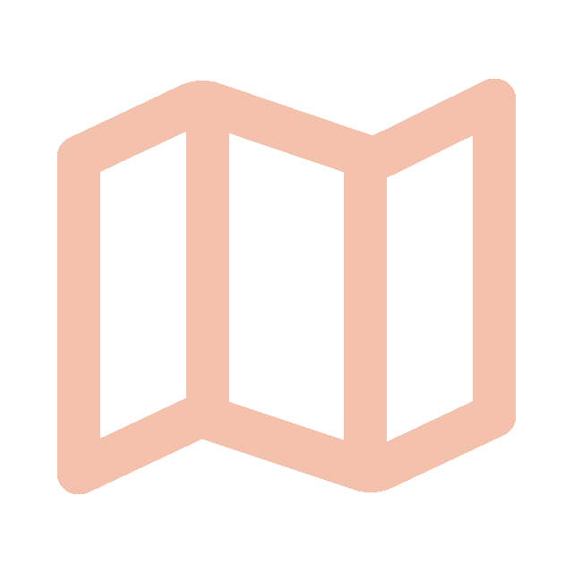 A minimalist icon of a folded map with three sections, outlined in pink against a black background.