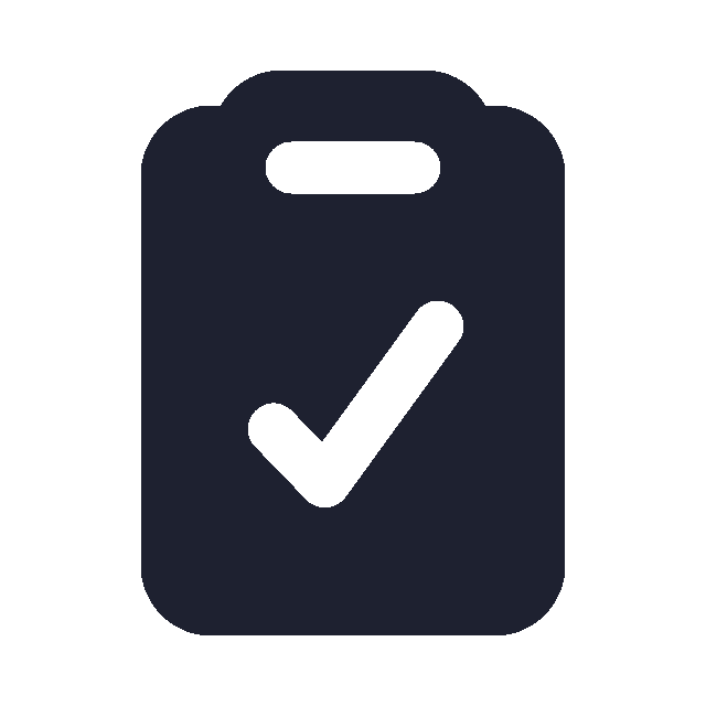 Icon of a dark gray clipboard with a checkmark inside