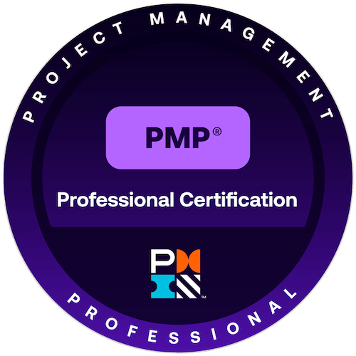 PMP Professional Certification badge with a purple and black circular design, featuring the PMI logo at the bottom and the text 'Project Management Professional' around the edge.