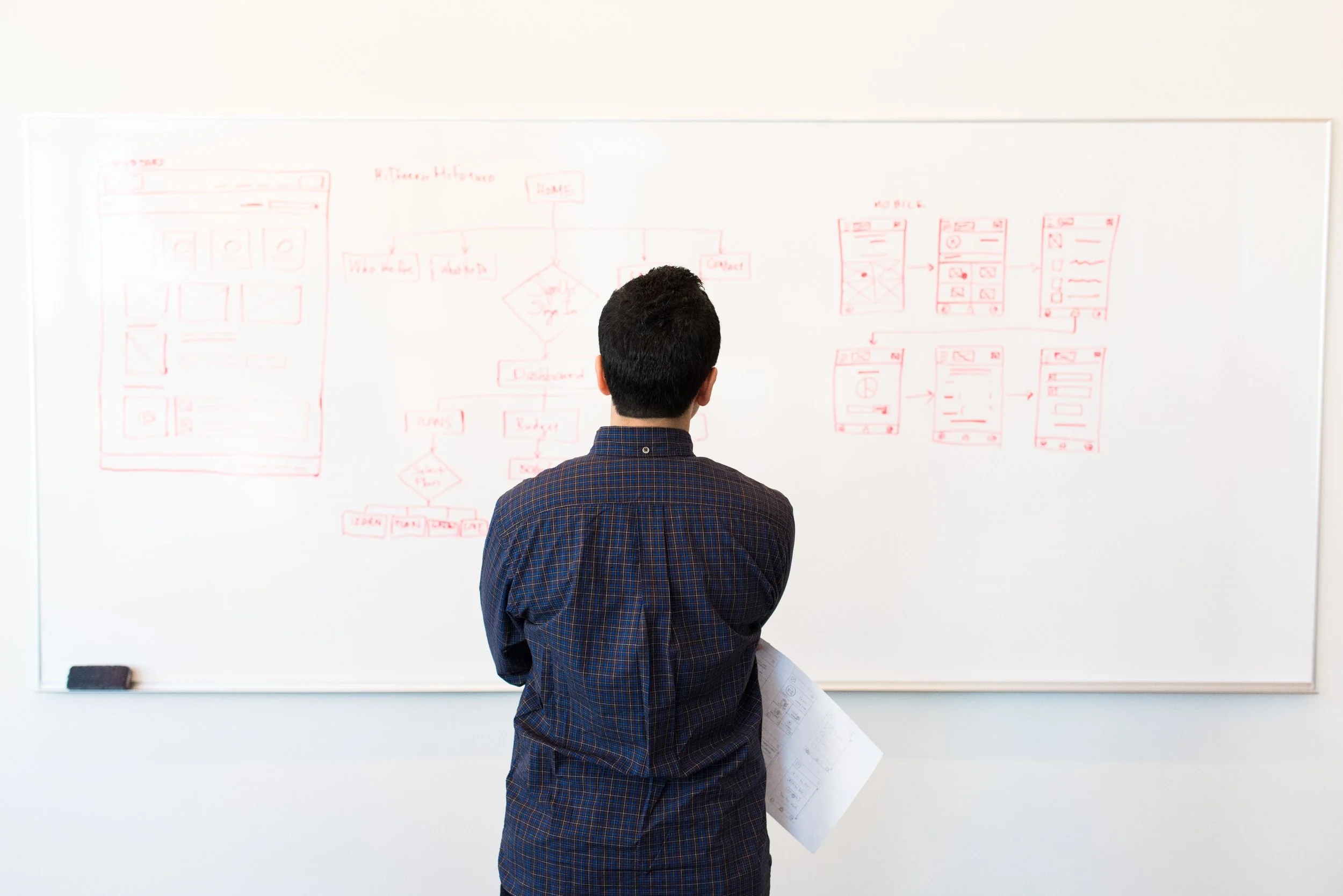 A person with short dark hair wearing a plaid shirt, seen from behind, stands in front of a whiteboard filled with red sketches and diagrams of mobile app interface designs. The person holds a paper with more sketches.