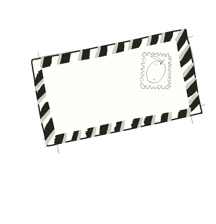 A blank white envelope with a black and white striped border, postage stamp featuring a guitar, isolated on a black background.