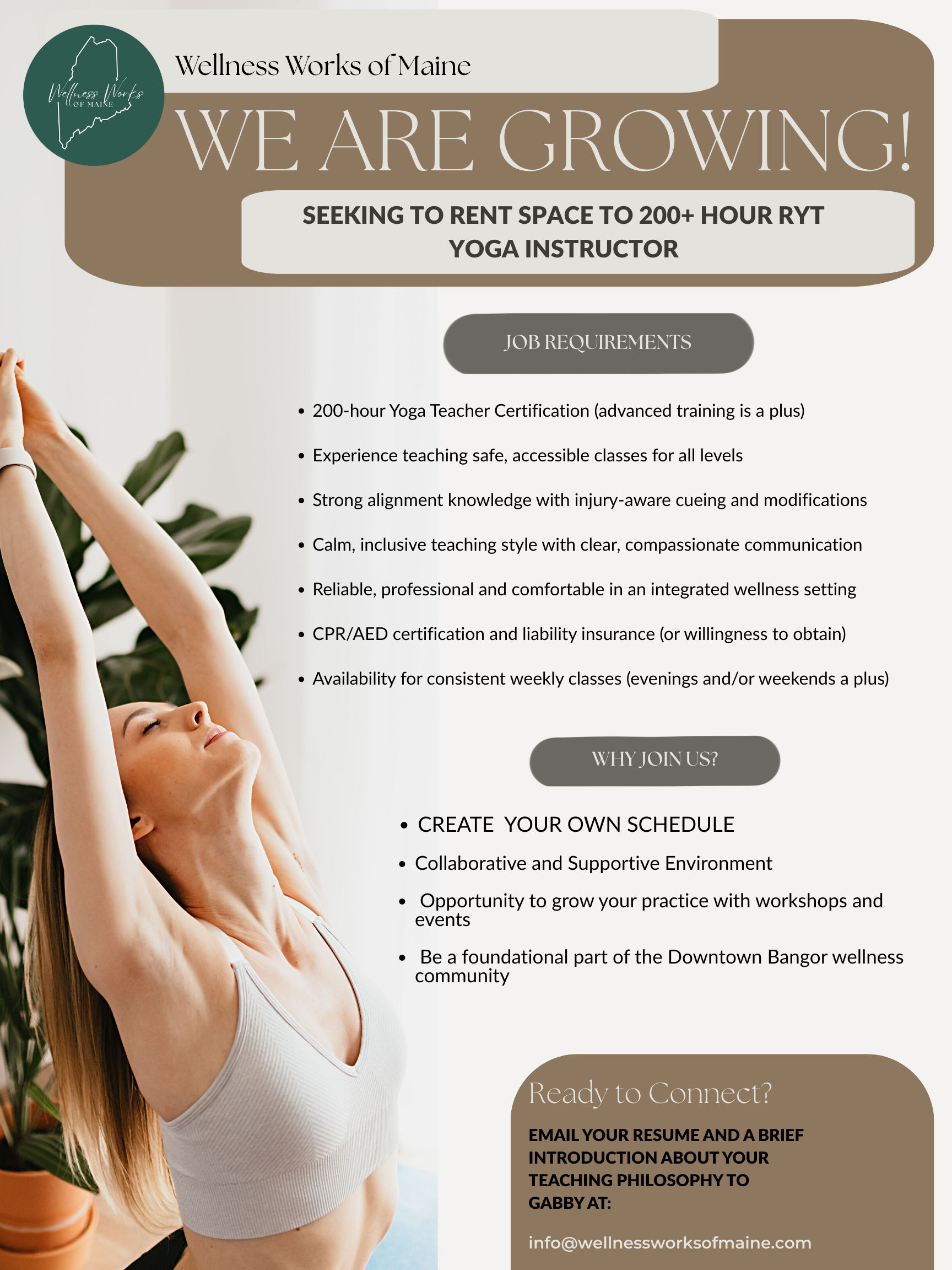 Flyer for Wellness Works of Maine seeking a 200-hour RYT yoga instructor, outlining job requirements, benefits, and contact information, with a woman stretching in the foreground.