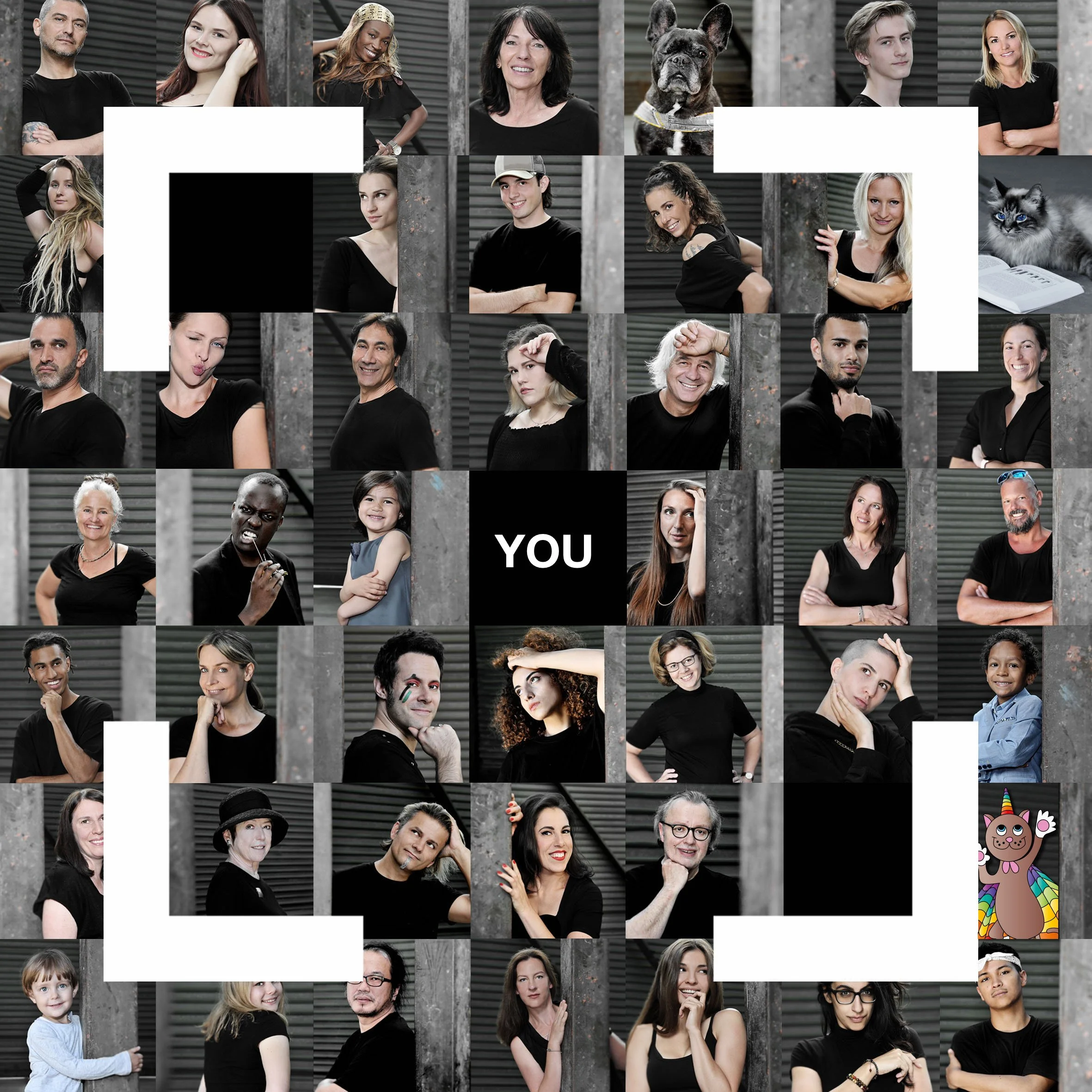 Collage of various people with diverse ages, ethnicities, and styles, arranged in a grid pattern with black, white, and gray backgrounds. Some individuals are smiling, posing, or making funny faces. The center contains a black square with the word 'YOU' in white, and a small colorful unicorn illustration is in the bottom right corner.