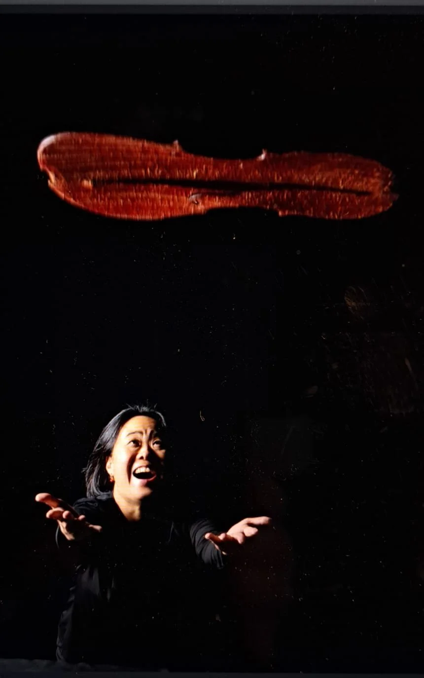 A woman with black hair expressing surprise or excitement, reaching toward a large, floating cinnamon stick against a dark background.
