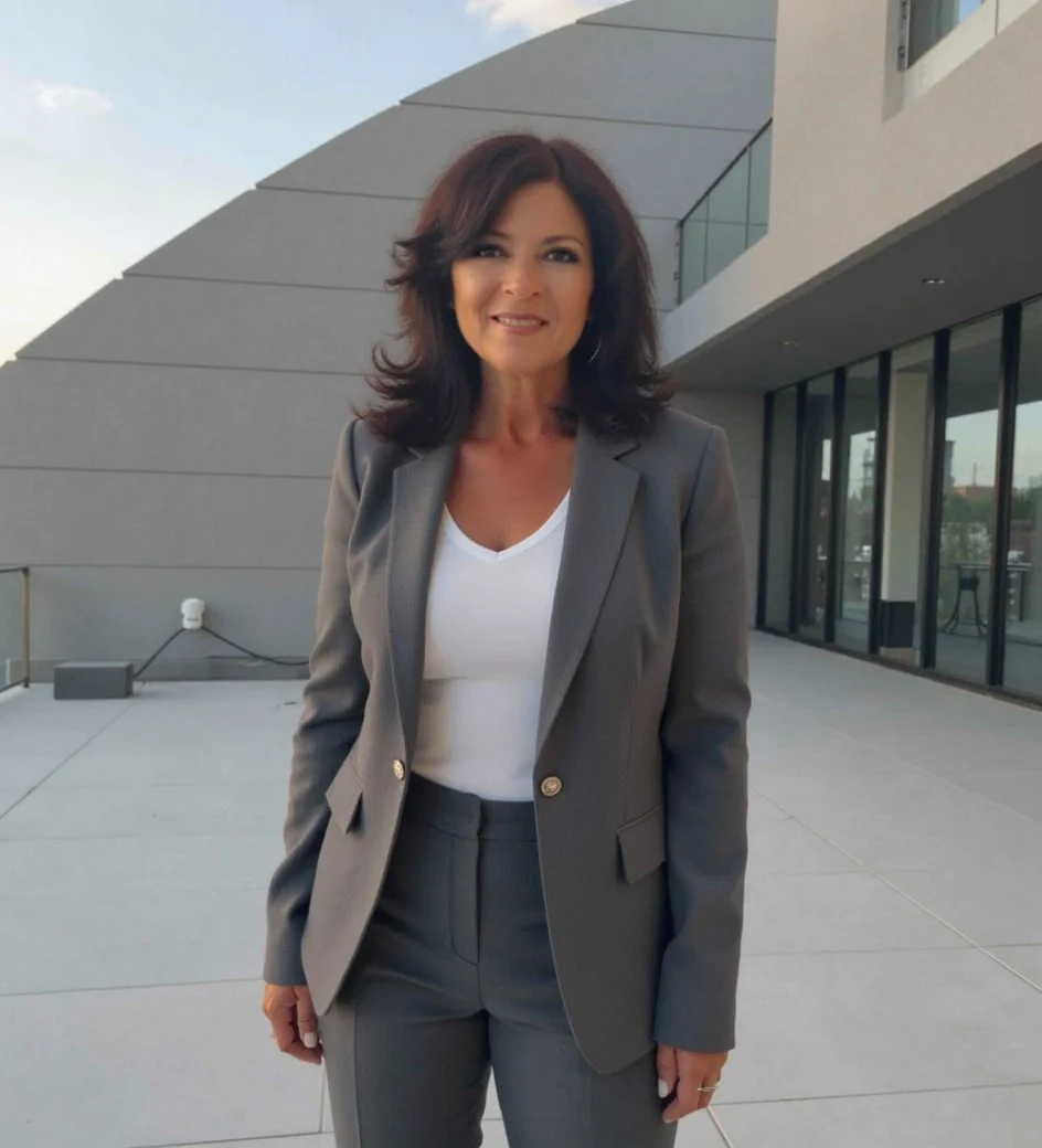 A woman with shoulder-length dark hair wearing a gray business suit and white top standing outside on a rooftop balcony with modern architecture, glass windows, and a city view in the background.