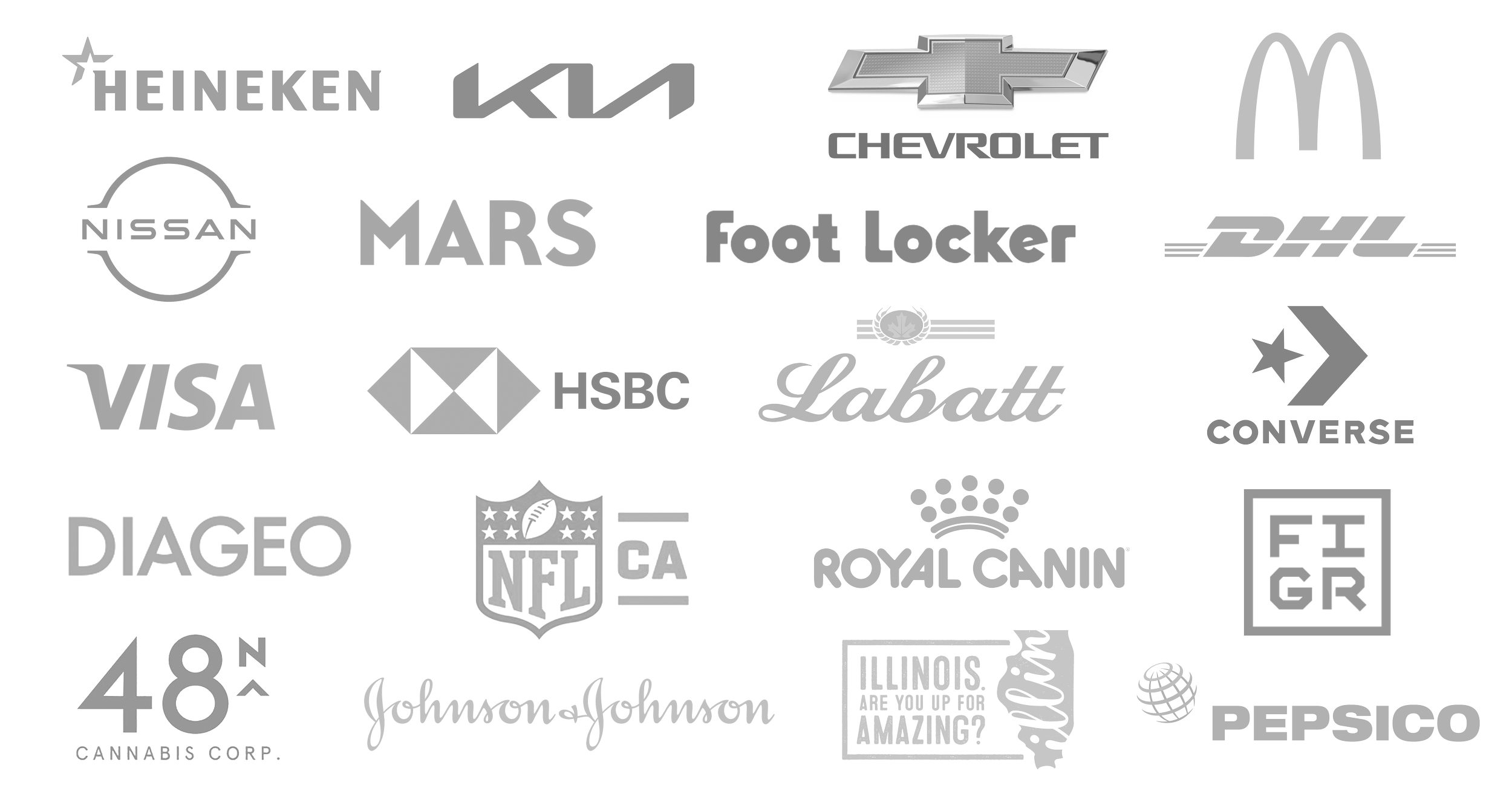 A collage of various corporate logos, including Heineken, Kia, Chevrolet, McDonald's, Nissan, Mars, Foot Locker, DHL, VISA, HSBC, Labatt, Converse, Diageo, NFL, Royal Canin, Illinois, Pepsico, Johnson & Johnson, and Cannabis Corp.