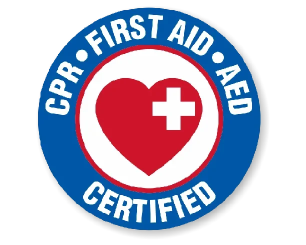 A round badge with a blue rim that says "CPR · FIRST AID · AED CERTIFIED" in white. Inside, there is a red heart with a white cross, indicating certification in emergency medical skills.