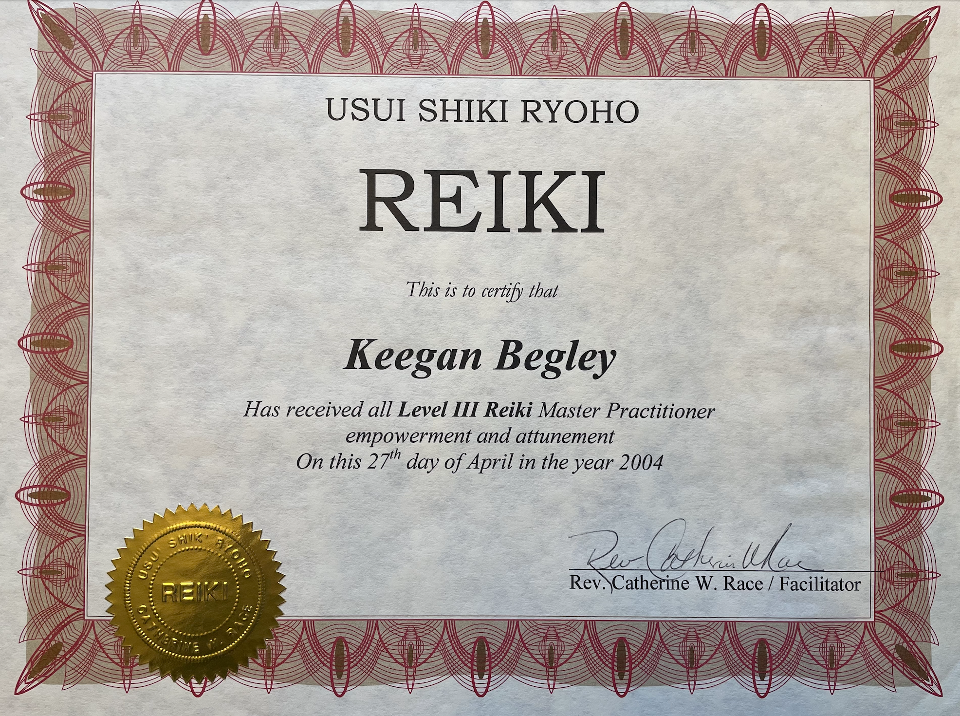Certificate of Reiki Master Practitioner, Keegan- serving Westminster, Denver, Broomfield, Lafayette, Louisville, Arvada and surrounding areas.