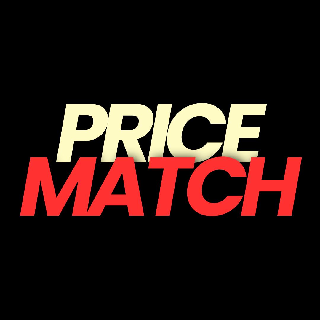 Graphic with the words "Price Match" in large bold letters, "Price" in cream and "Match" in red, on a black background.