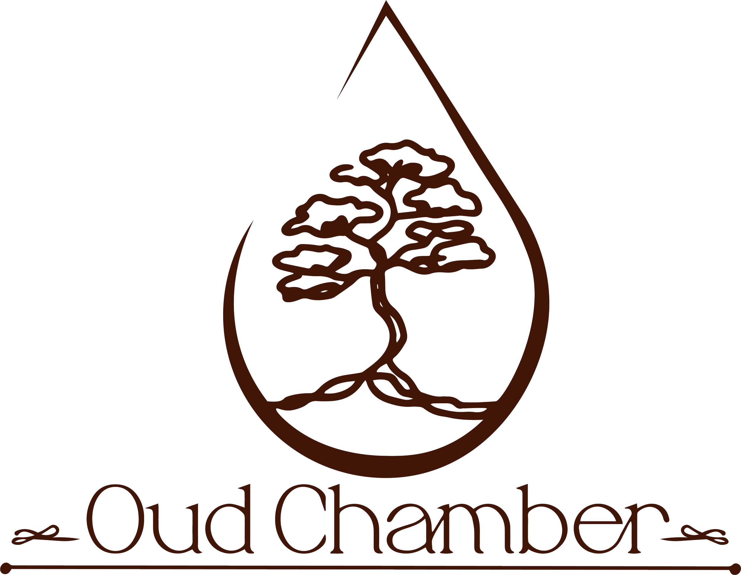 The Oud Chamber logo consisting of a oud tree inside the drop of pure oud oil, on top of a the name of the oud company.