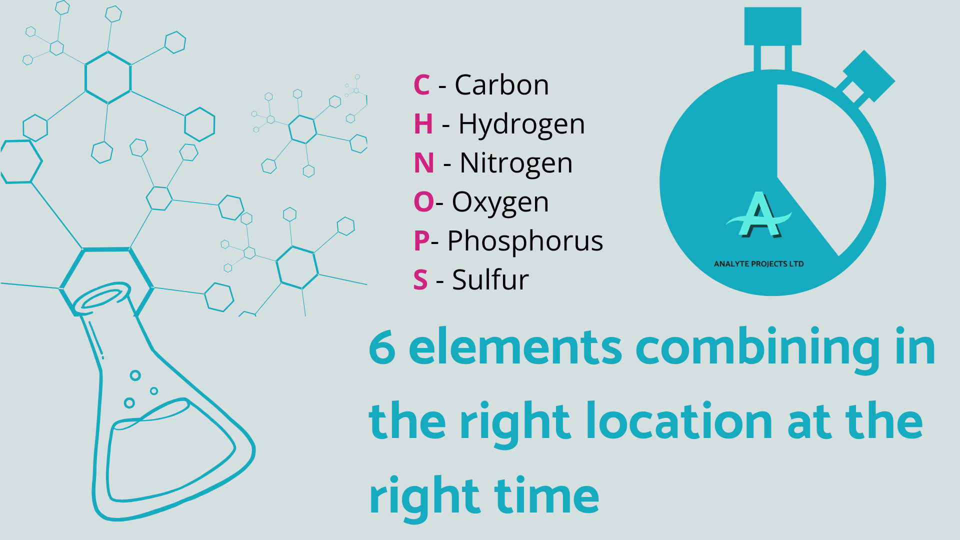 Slide explaining the 6 elements of all living things