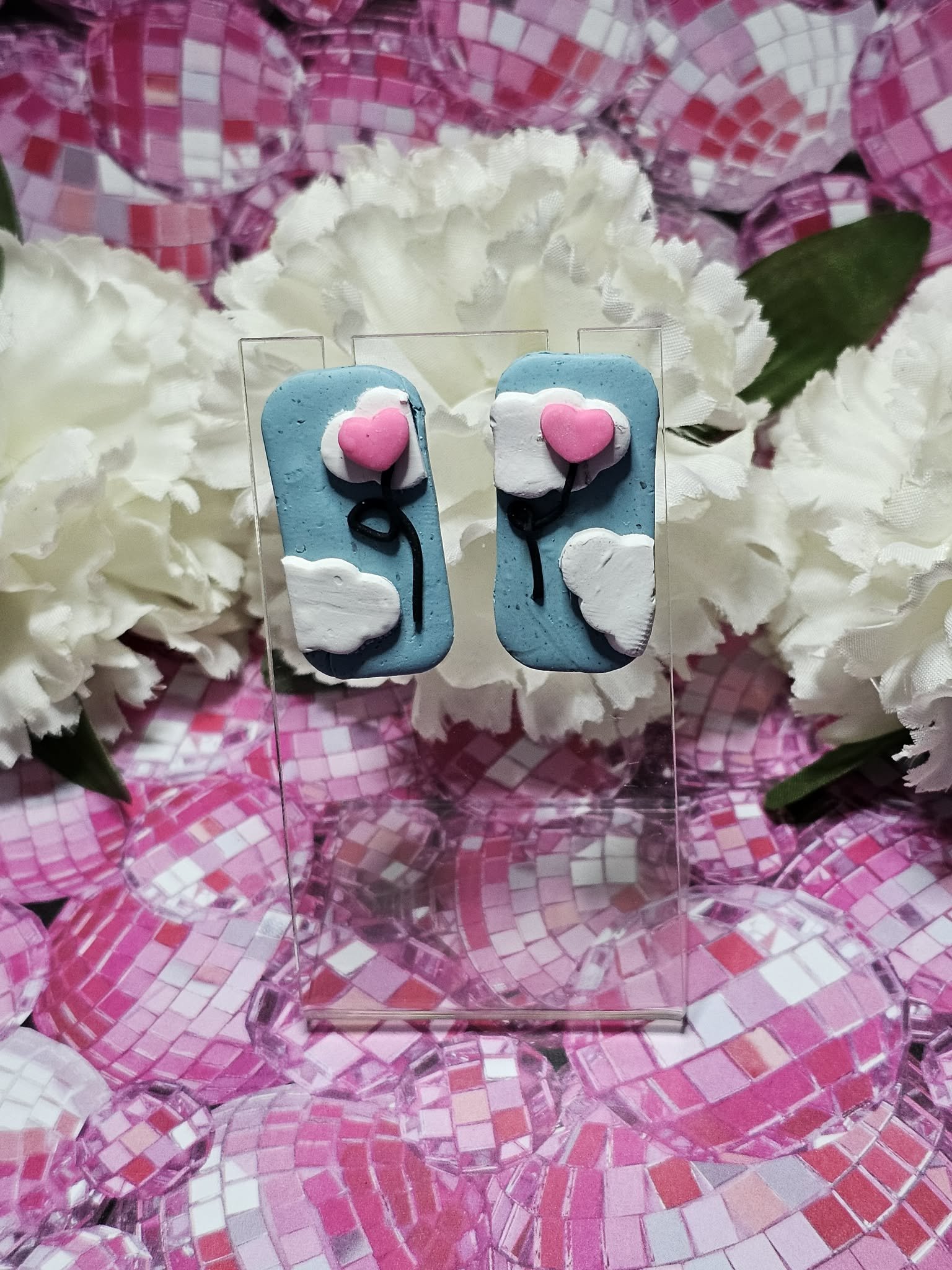 Heart Balloon in the Sky Stud Earrings | Handmade Polymer Clay with Sterling Silver