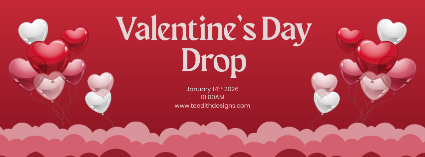 Valentine's Day event flyer with red background, featuring red and white heart-shaped balloons floating above pink clouds, and text about a Valentine's Day drop event on January 14th, 2026, at 10:00 AM.