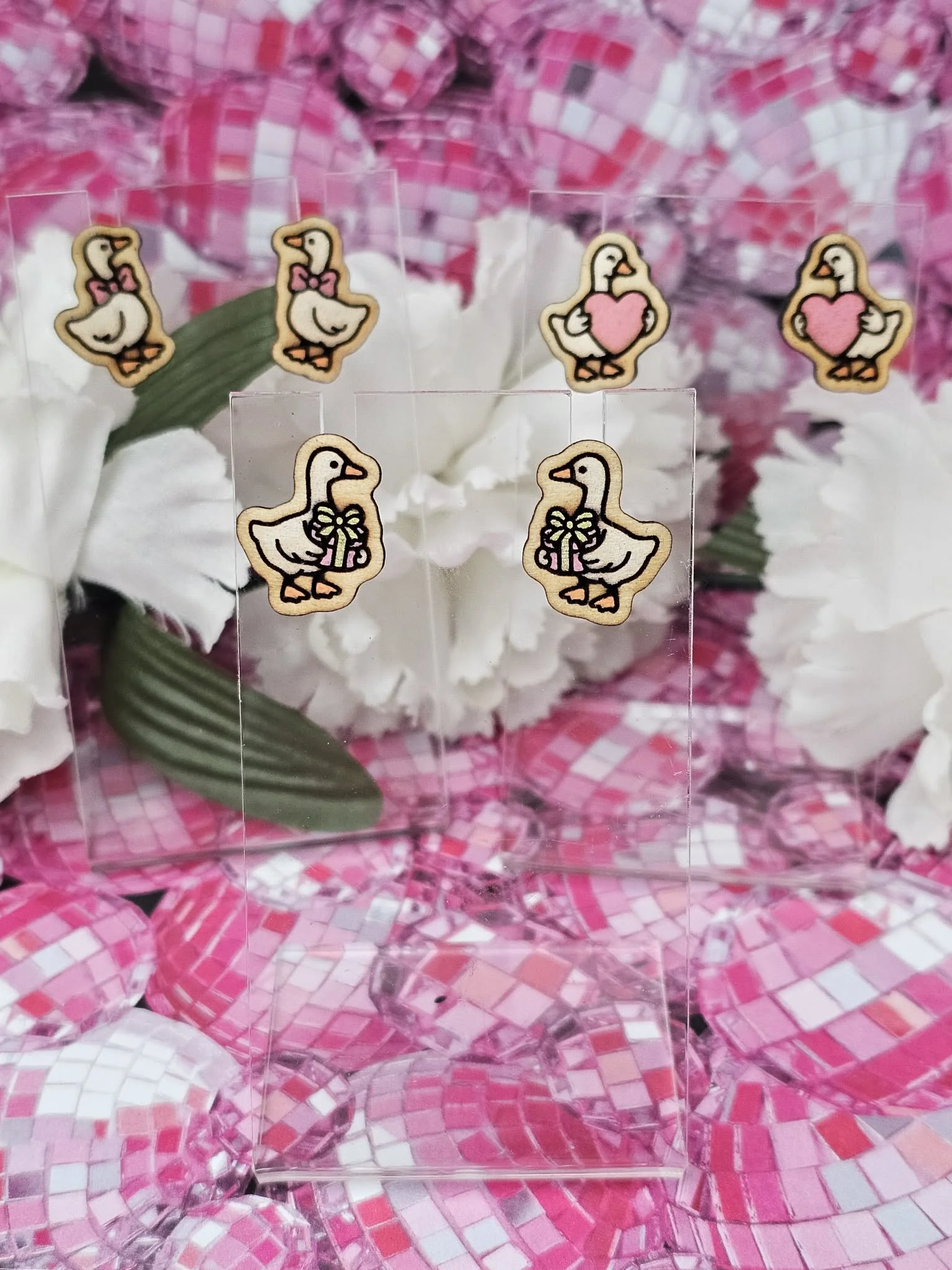 Valentine Goose Earrings- Big Heart, Present, and Bowtie