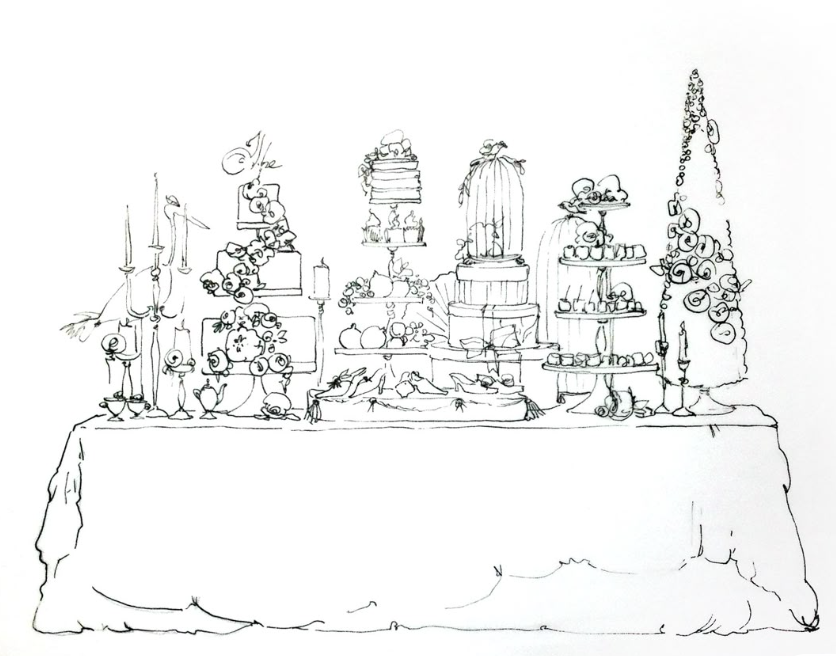 Line drawing of a decorated dessert table with cakes, candles, and floral arrangements.