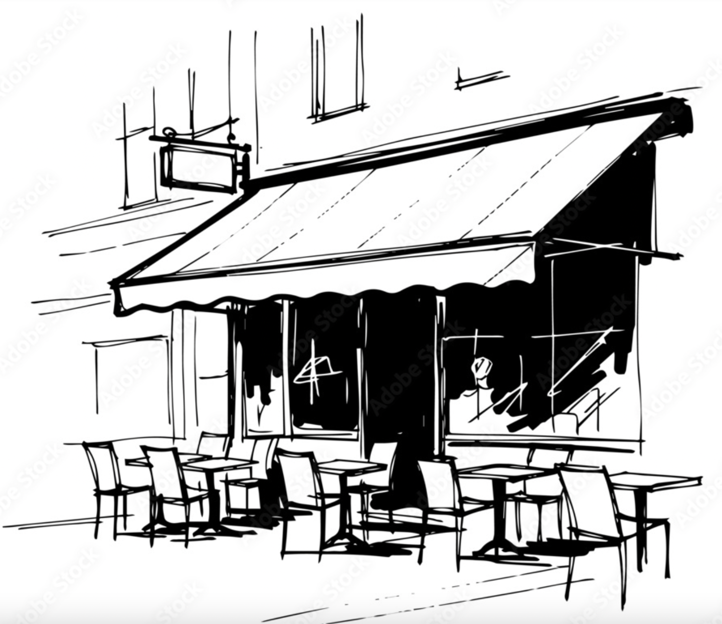 Black and white sketch of a small restaurant or café with outdoor seating, tables and chairs, and an awning over the patio.