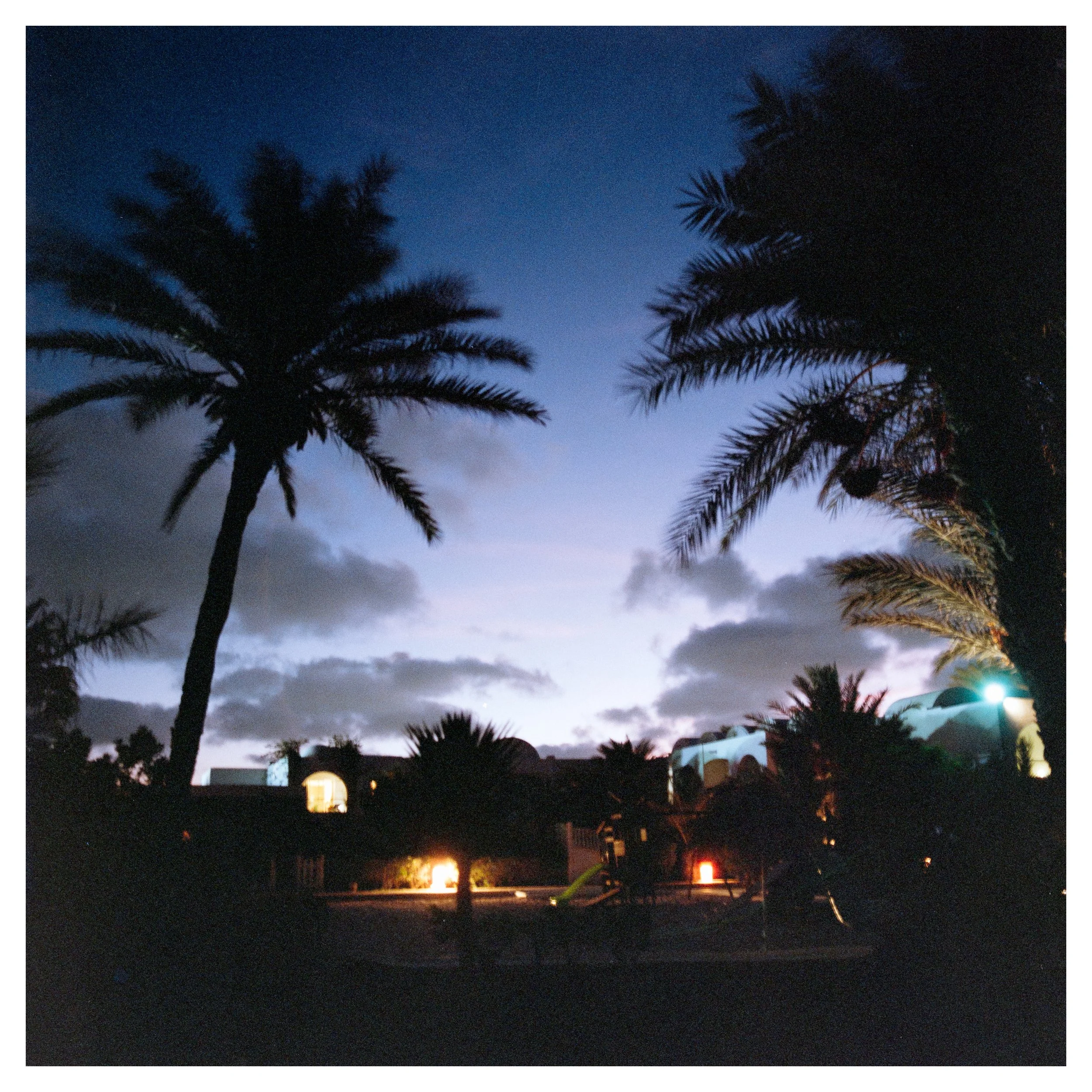 Silhouettes of tall palm trees against a twilight sky with scattered clouds, with lights illuminating the low buildings and a playground area below.