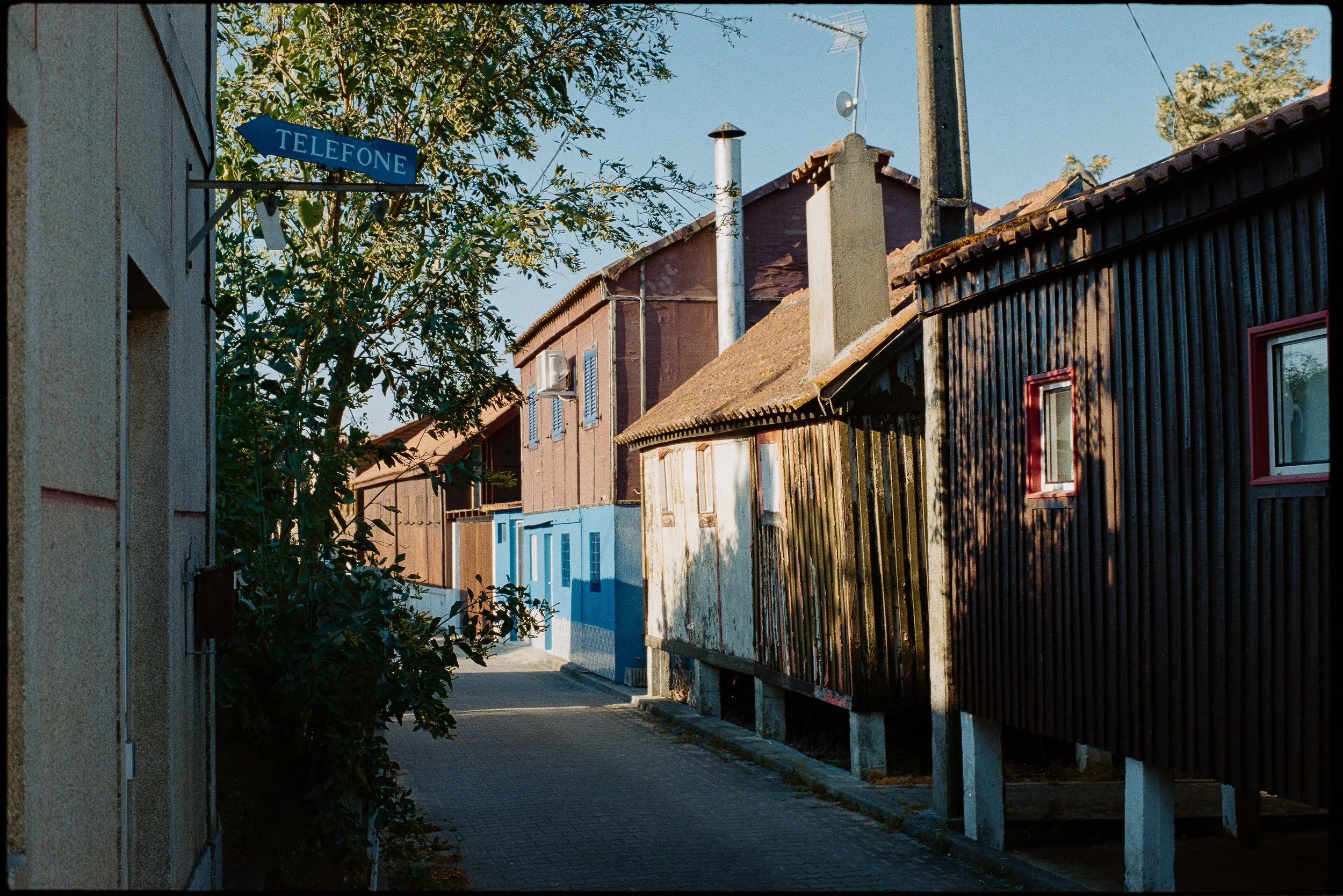 A narrow alleyway with colorful houses and a street sign reading 'TELEFONE' at the corner, with a tree partly obscuring the view.